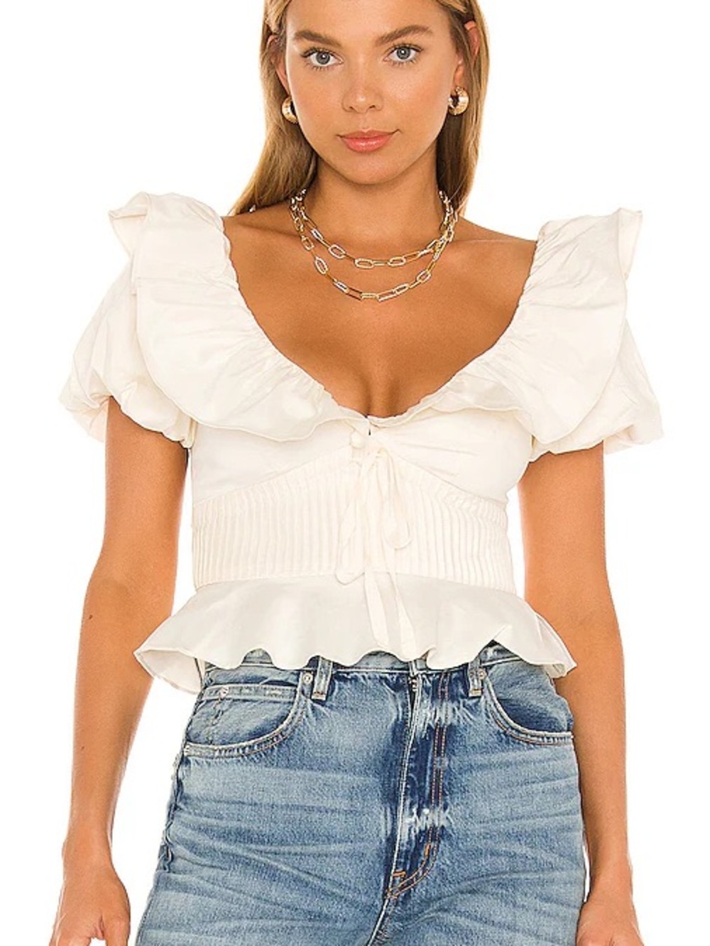 Lovers + Friends Ivory Ruffle Peplum Blouse with Puff Sleeves